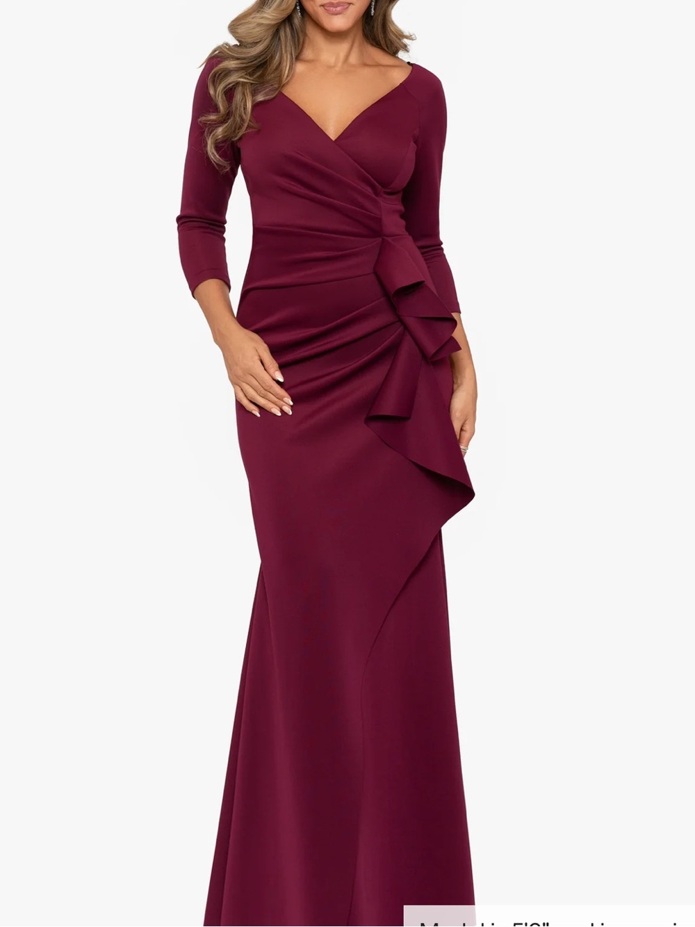 Xscape Burgundy Ruffle Wrap-Front Mermaid Gown